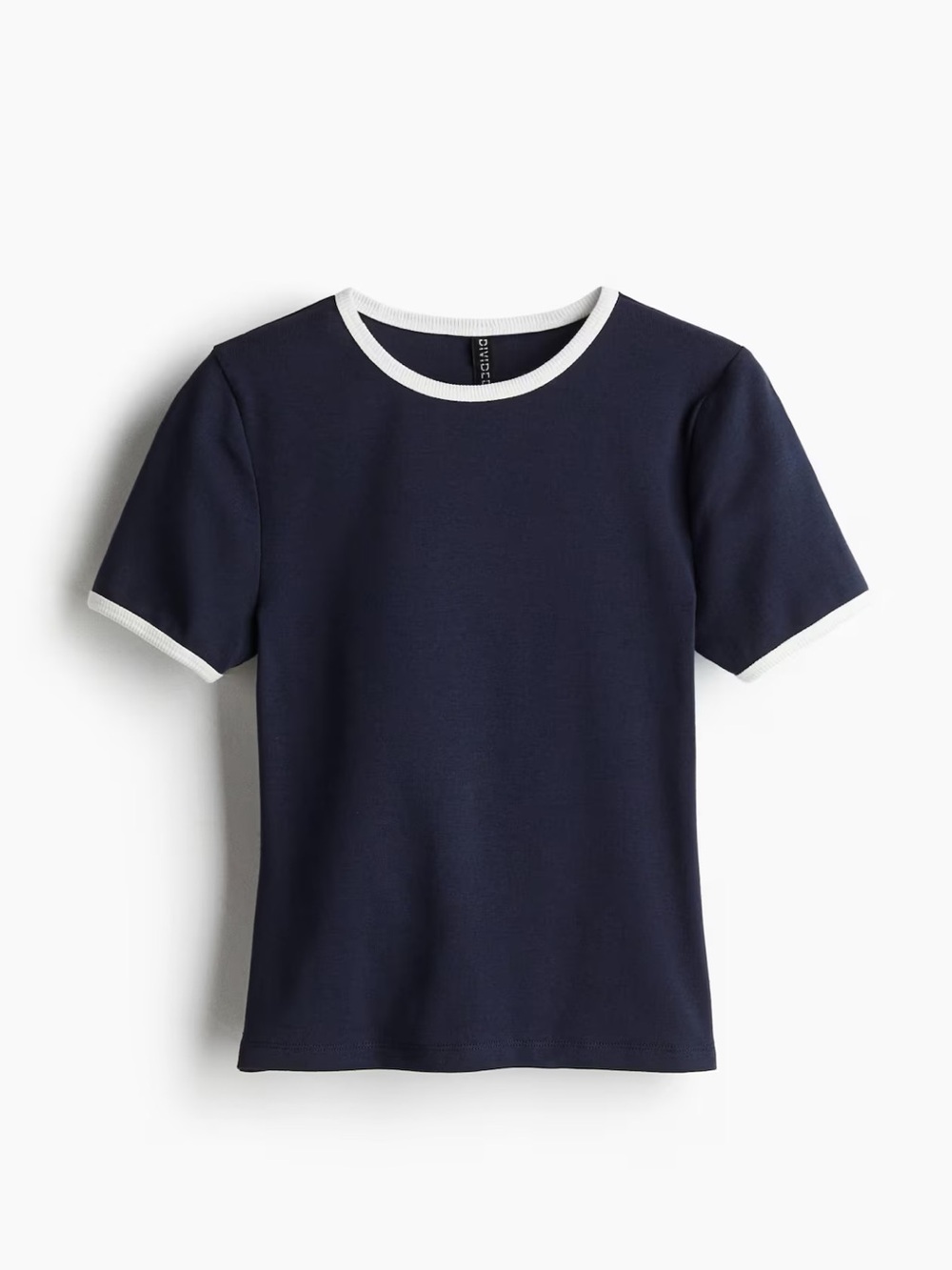 H&M Divided Navy Blue & White Trim Short Sleeve Fitted Crew Neck T-shirt Medium